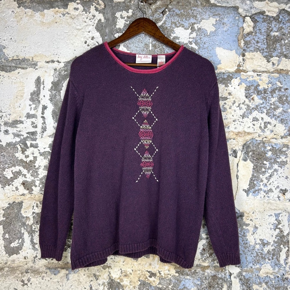 Y2K Meg Allen Sweater Purple Argyle Diamond Knit Pullover Women 1X